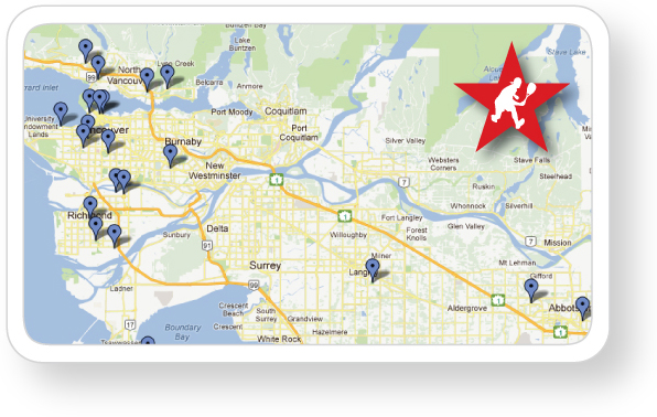 Map of Metro Vancouver Squash Clubs